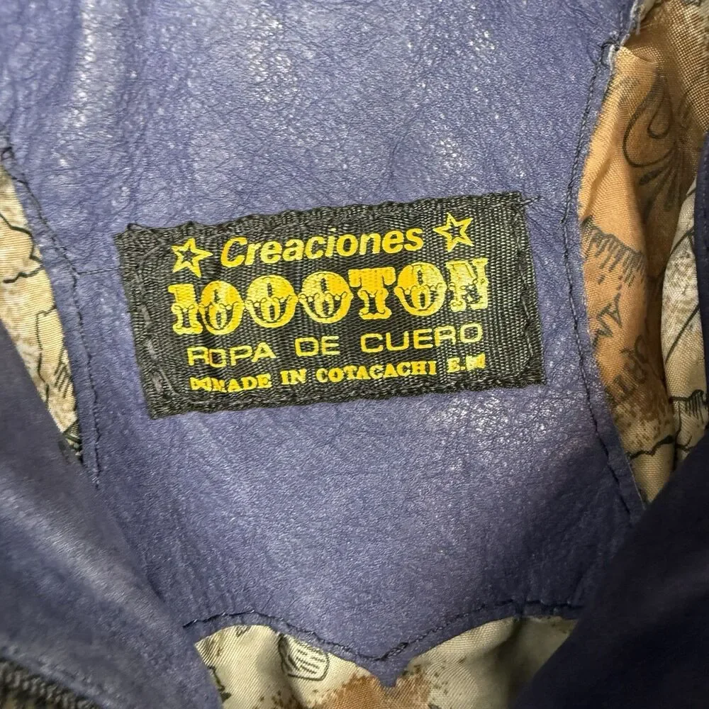 Vintage Creaciones 1000TON Blue Leather Hooded Jacket Coat Map Lined